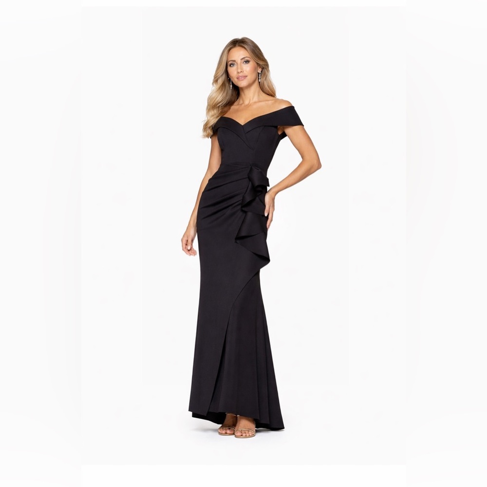 Xscape Black Off Shoulder Ruffle Evening Gown SZ 4P NWT Formal Black Tie Dress